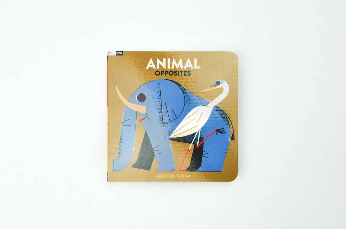 Baby animal opposites board book by Simon & Schuster featuring colorful illustrations of animals and their contrasting traits.
