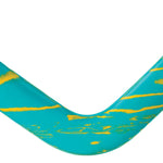 Toysmith outdoor boomerang flying through the air against a clear sky, demonstrating its shape and design for outdoor play.