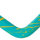 Toysmith outdoor boomerang flying through the air against a clear sky, demonstrating its shape and design for outdoor play.