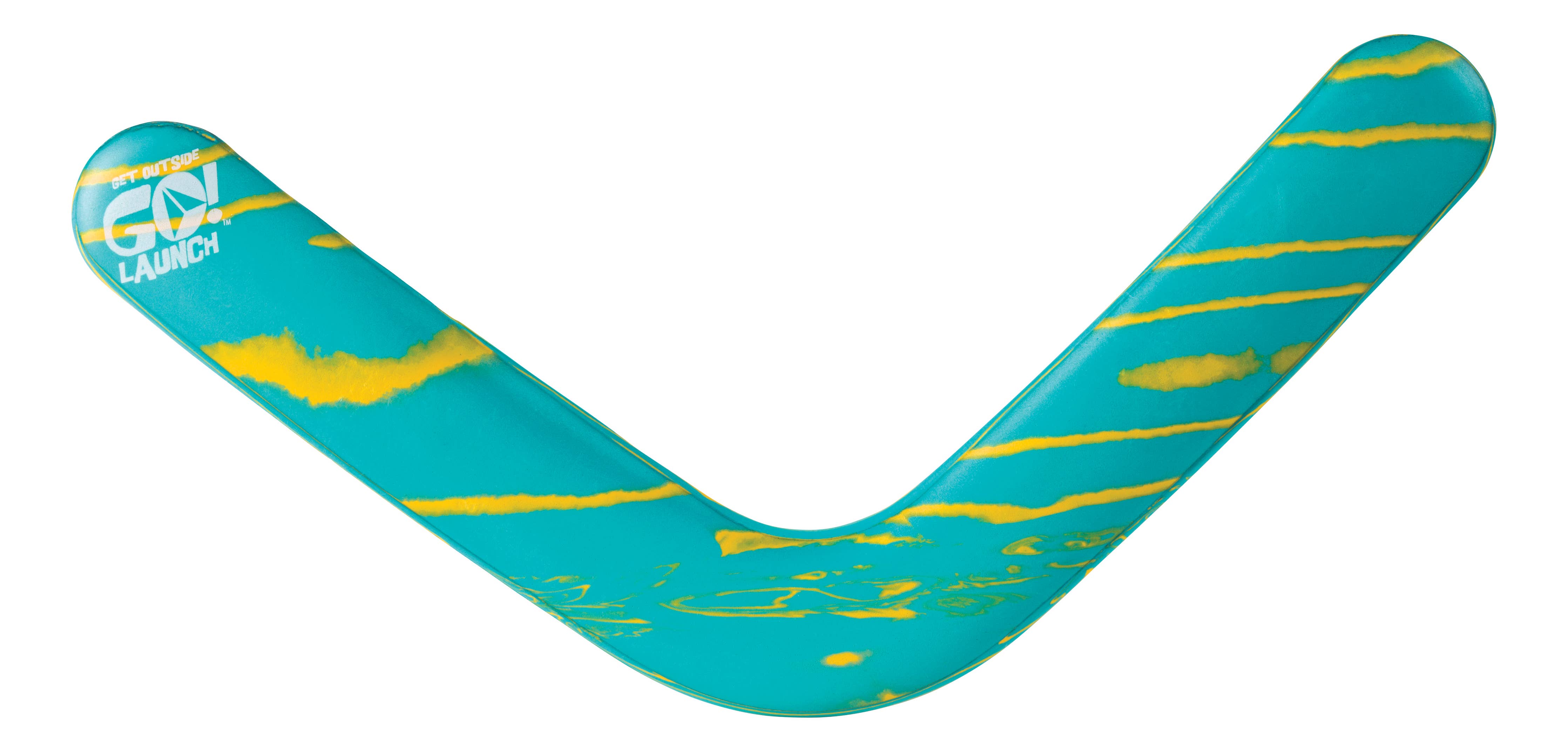 Toysmith outdoor boomerang flying through the air against a clear sky, demonstrating its shape and design for outdoor play.