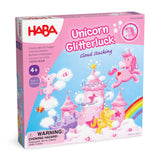 HABA USA Unicorn Glitterluck Cloud stacking game with colorful cloud pieces and unicorn figurines for children’s play.