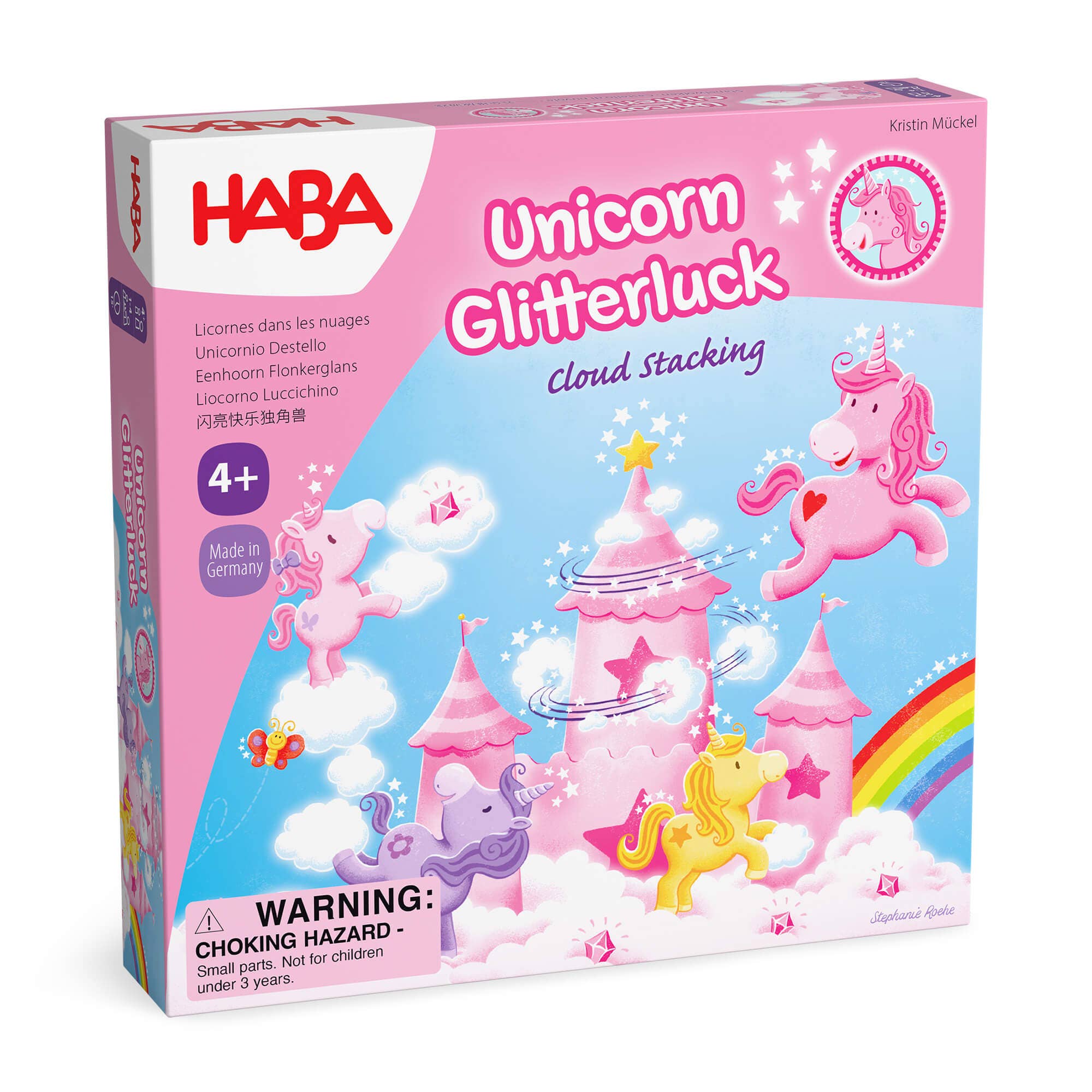 HABA USA Unicorn Glitterluck Cloud stacking game with colorful cloud pieces and unicorn figurines for children’s play.