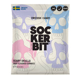Colorful Sockerbit Scary Skulls Swedish Candy treats with spooky skull shapes and vibrant designs for Halloween or fun occasions.