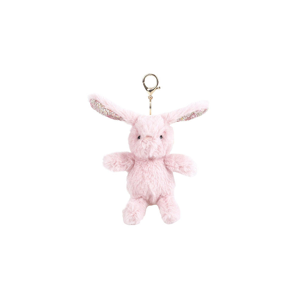 Soft plush Rosie Bunny Bag Charm by Mon Ami, featuring a cute pink bunny with floppy ears and adorable details.