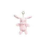 Soft plush Rosie Bunny Bag Charm by Mon Ami, featuring a cute pink bunny with floppy ears and adorable details.
