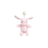 Soft plush Rosie Bunny Bag Charm by Mon Ami, featuring a cute pink bunny with floppy ears and adorable details.