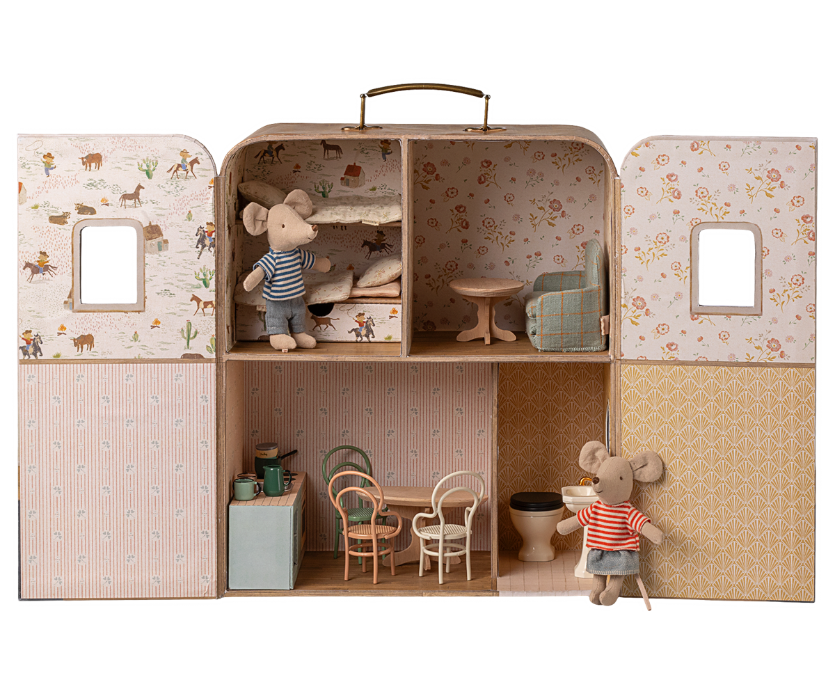 Maileg Mouse Suitcasa doll house with detailed miniature furniture and accessories for children's play and collectible display