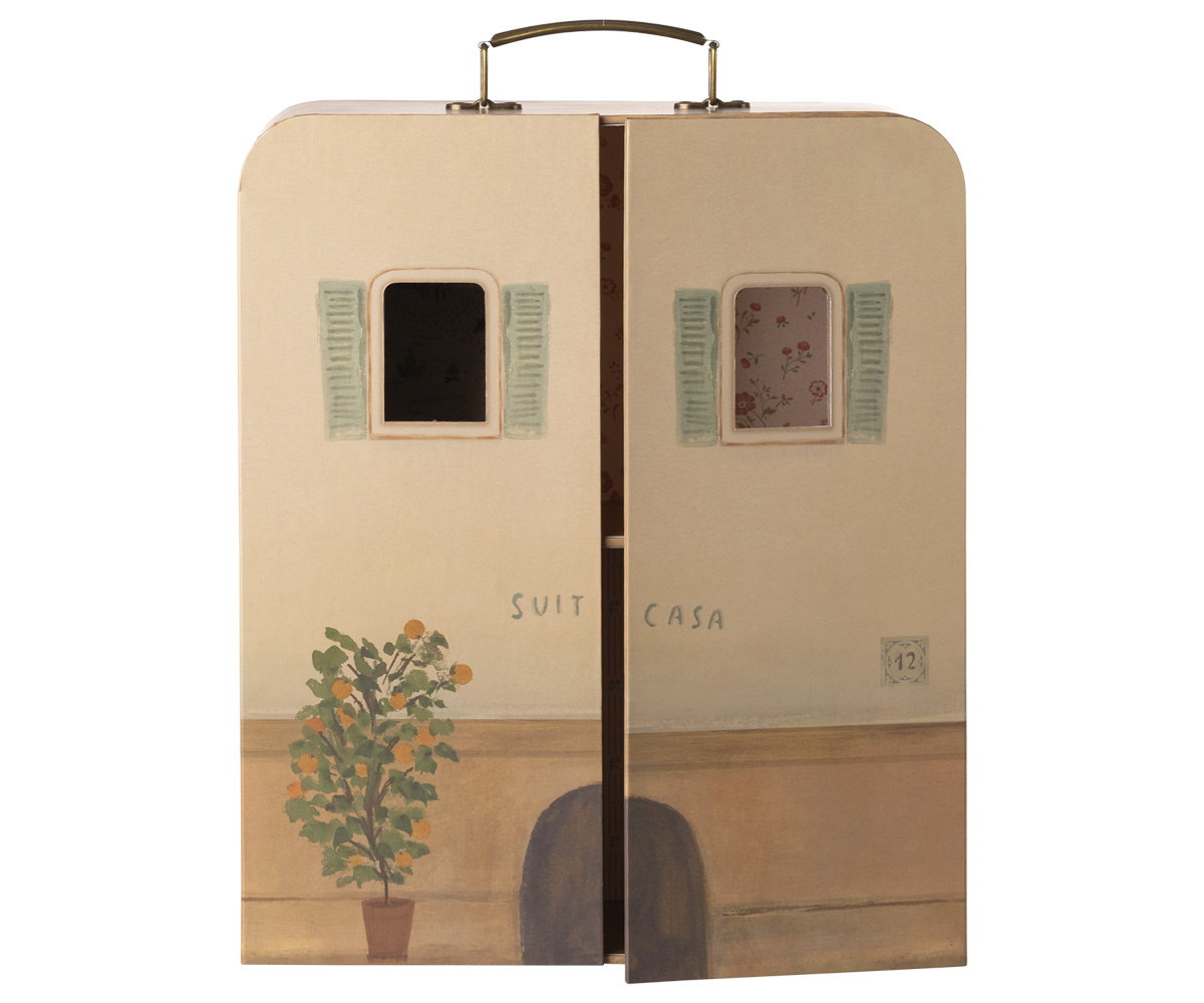 Maileg Mouse Suitcasa doll house with miniature furniture and accessories, featuring detailed design and colorful interior.