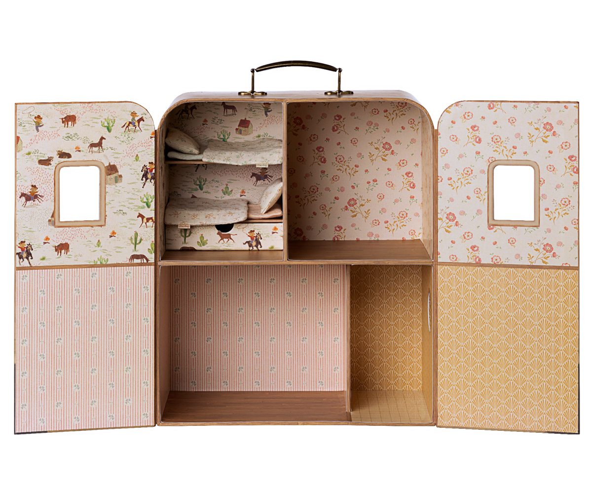 Maileg Mouse Suitcasa doll house with miniature furniture and accessories, detailed wooden dollhouse for play and display.