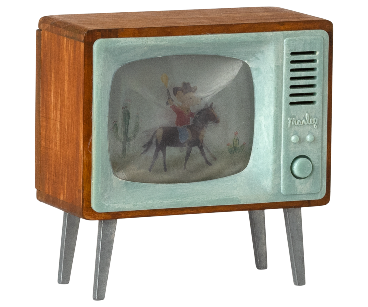 Maileg Mouse Television doll house furnishing with a small, detailed TV set in a cozy doll house scene.