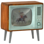 Maileg Mouse Television doll house furnishing with a small, detailed TV set in a cozy doll house scene.