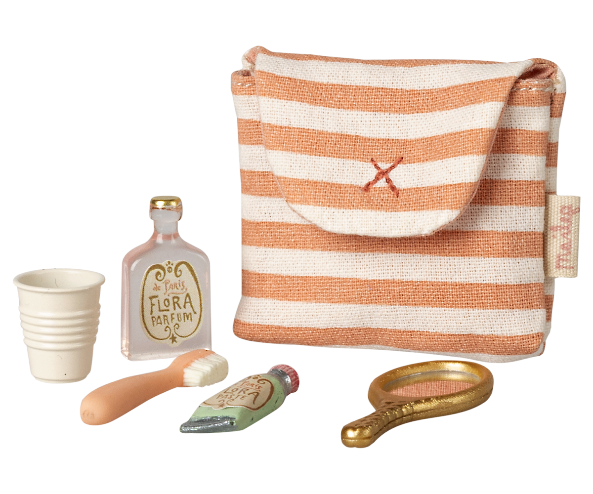 Maileg Mouse Toiletry Bag featuring a charming fabric design, ideal for doll house accessories and miniature storage.