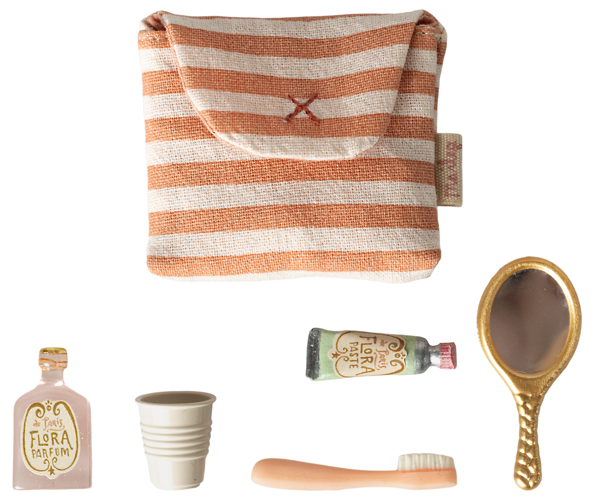 Maileg Mouse Toiletry Bag from doll houses and furnishings collection, featuring a cute mouse design and colorful fabric detail.