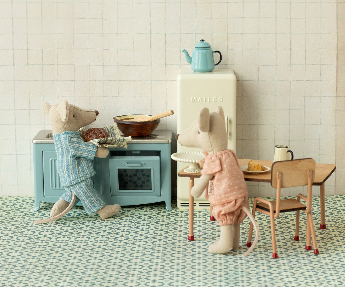 Maileg Mouse Blue Kitchen doll house furnishing with miniature kitchen accessories and furniture, perfect for collectible doll houses.