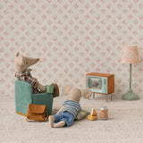 Maileg Mouse Television doll house accessory with a miniature TV set, perfect for Maileg doll house furniture and decor.