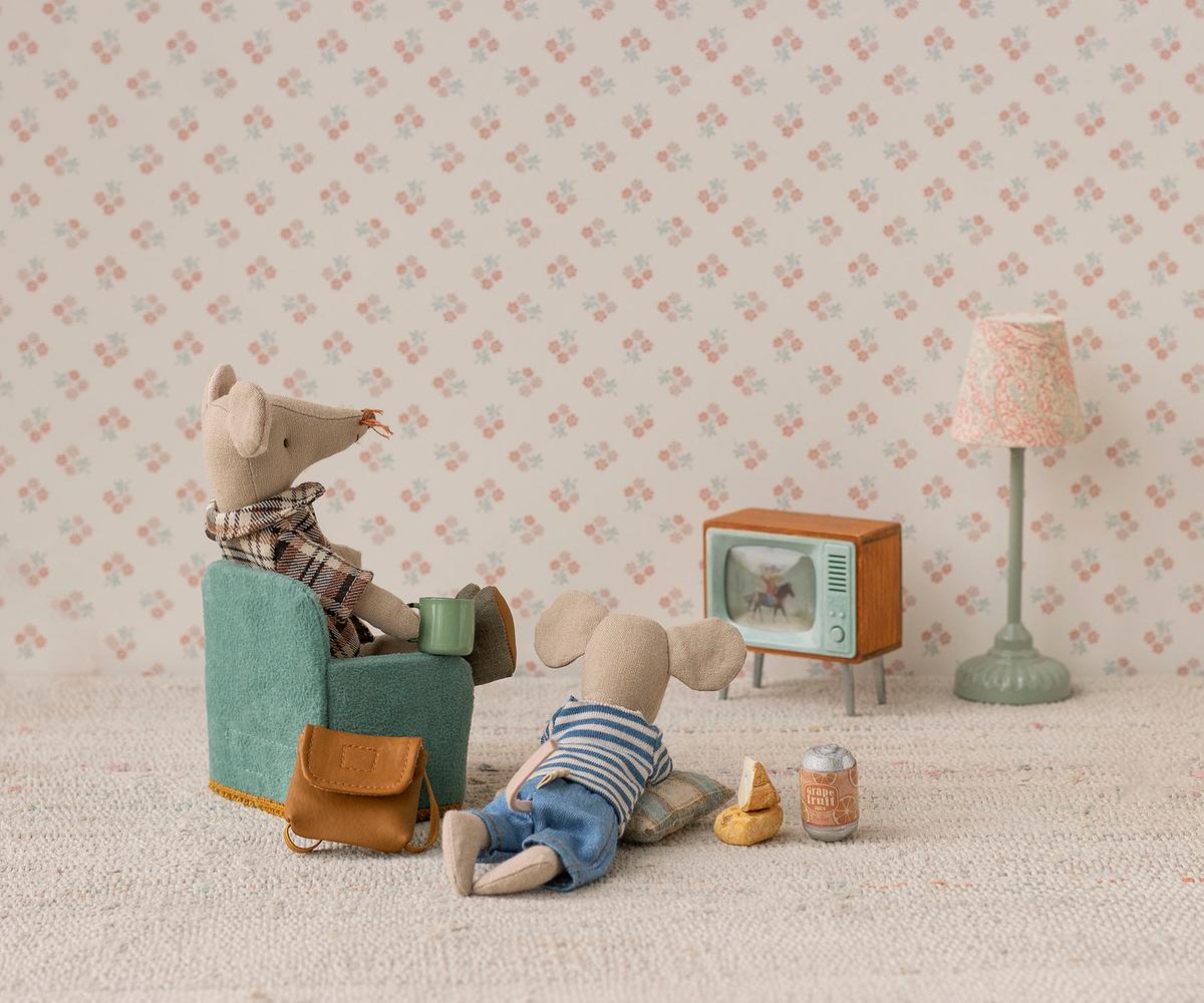 Maileg Mouse Television doll house accessory with miniature TV and cozy furnishings for Maileg doll houses.
