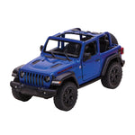 Blue die cast Jeep Wrangler toy by Schylling, detailed model showing left side view, part of cars and trucks collection.
