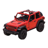 Red die-cast Jeep Wrangler toy truck by Schylling, detailed model with visible wheels and body from a left-side view.