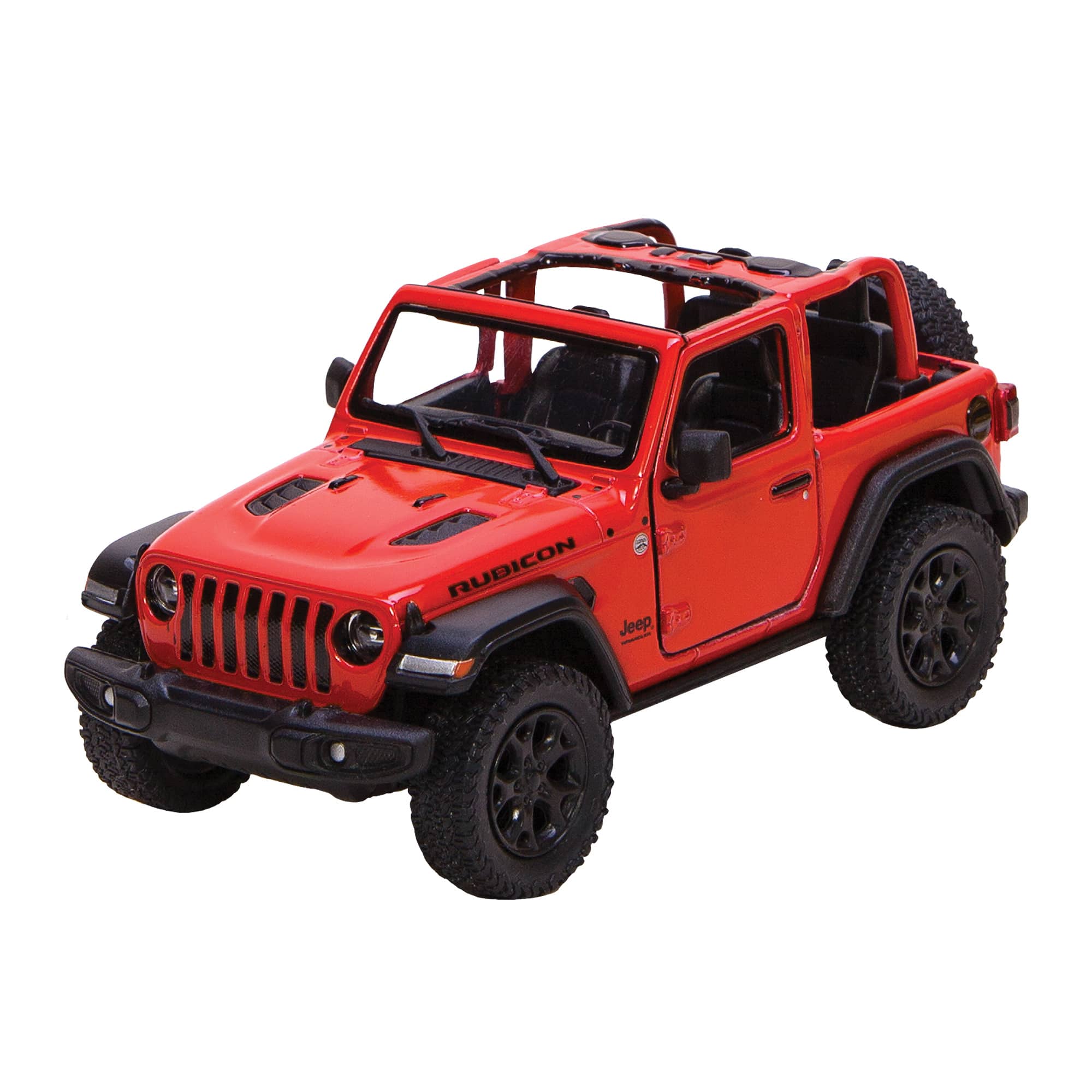 Red die-cast Jeep Wrangler toy truck by Schylling, detailed model with visible wheels and body from a left-side view.