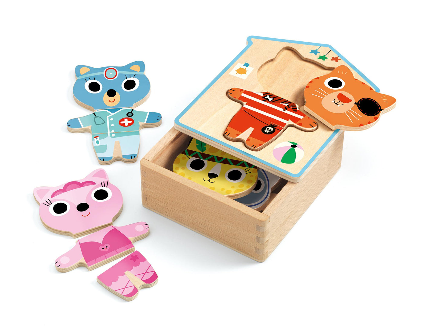 Dressup Wooden Puzzle Box by Djeco featuring colorful wooden compartments and dress-up accessories inside.