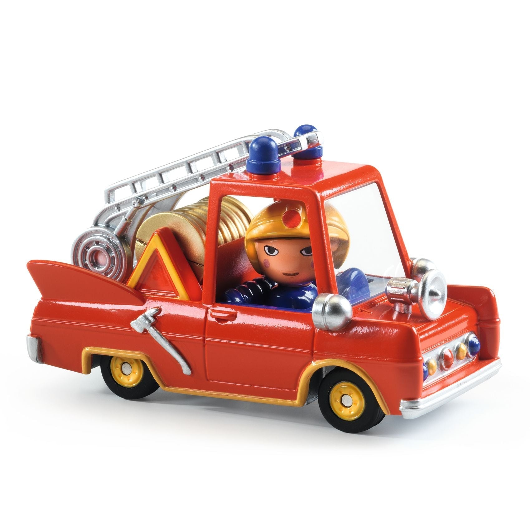 Colorful Crazy Motors Little Fire Truck vehicle by Djeco with bright red and yellow details, designed for children's imaginative play.