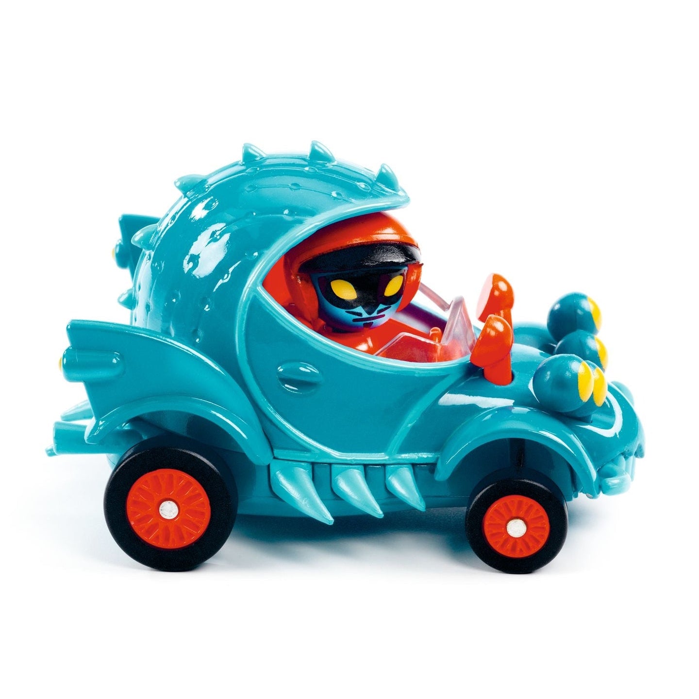 Colorful Crazy Motors Funny Beast toy car from Djeco, featuring vibrant red and blue details, designed for kids' imaginative play.