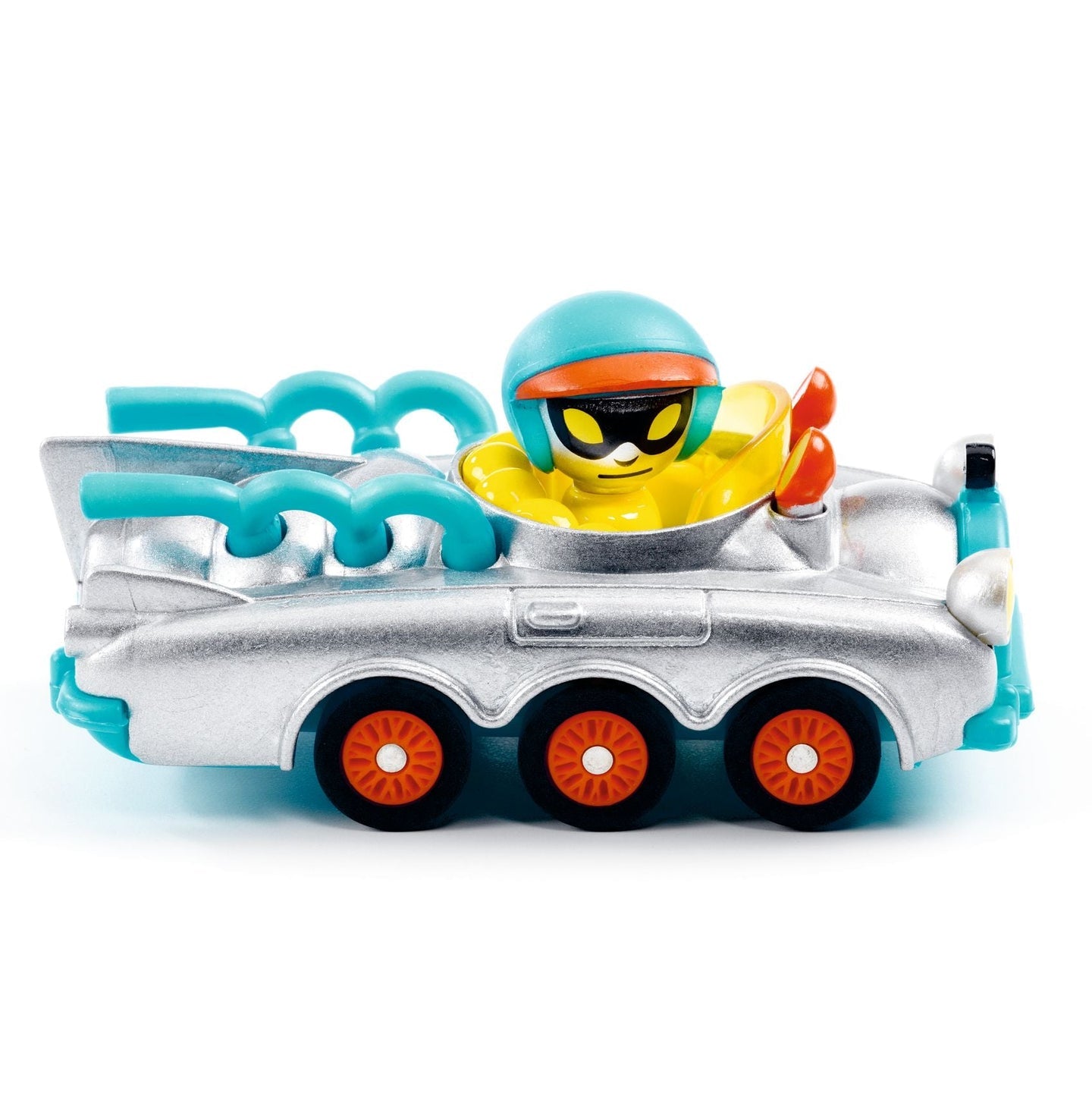 Colorful DJeco Crazy Motors roller coaster toy featuring cars and trucks in vibrant red, blue, and yellow for kids' play.