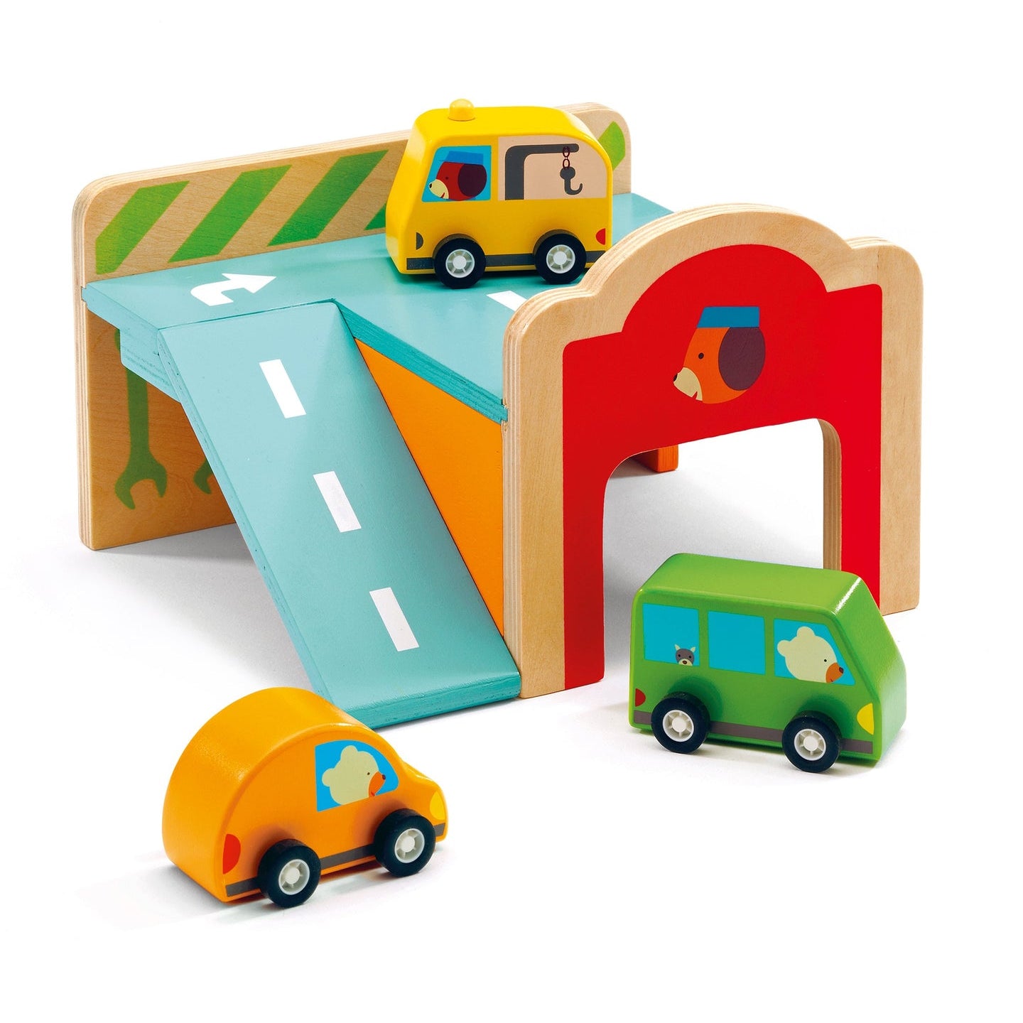 Wooden toddler garage play set with cars and trucks by Djeco, featuring colorful wooden vehicles and a miniature garage structure.