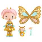 Colorful Tinyly Hortense and Fly dolls by Djeco, featuring whimsical characters with detailed clothing and playful expressions.