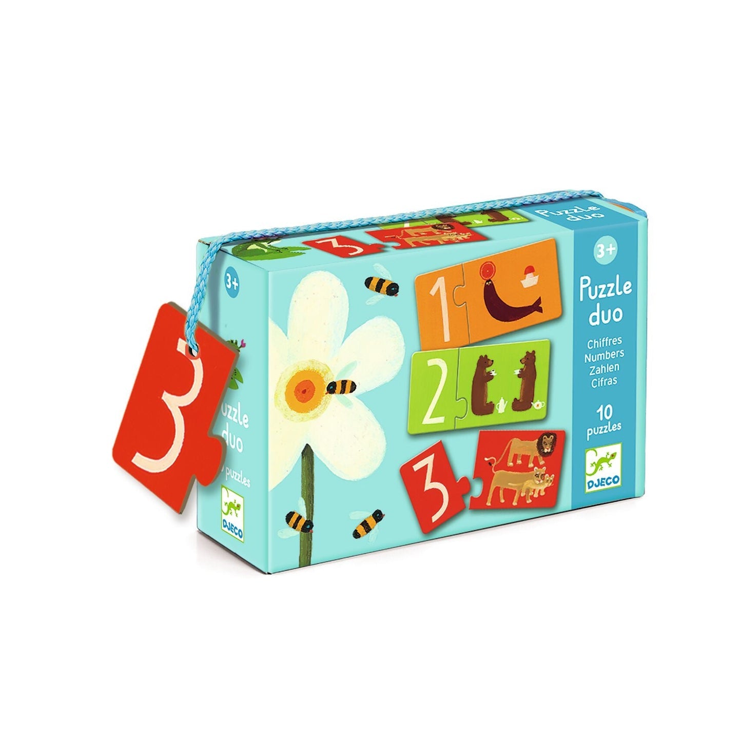 Djeco Puzzle Duo: Numbers game with colorful number pieces and illustrated cards, designed for educational fun and number learning.