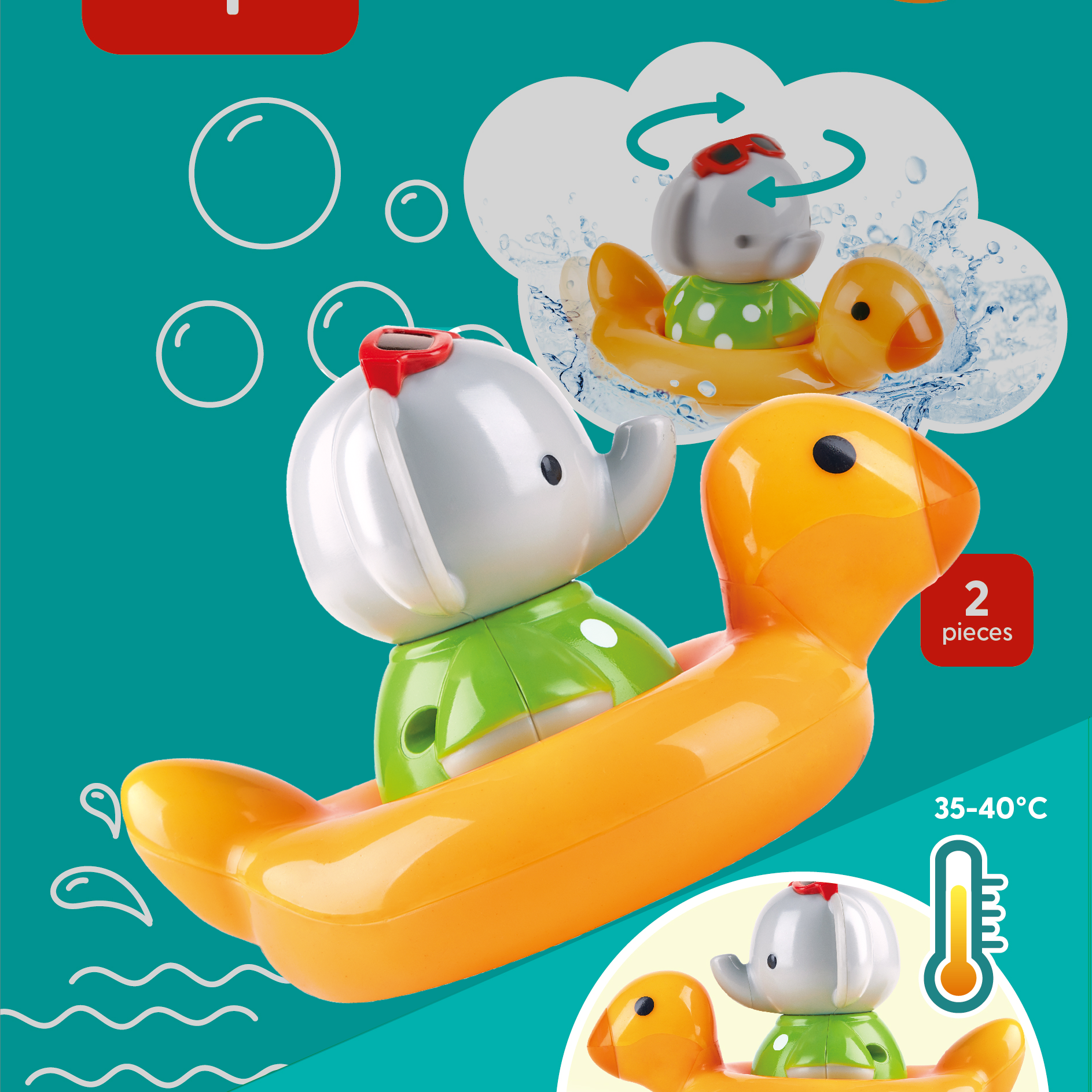 Hape Spin & Swim Elephant bath toy with colorful spinning parts and playful design for children’s bath time fun.