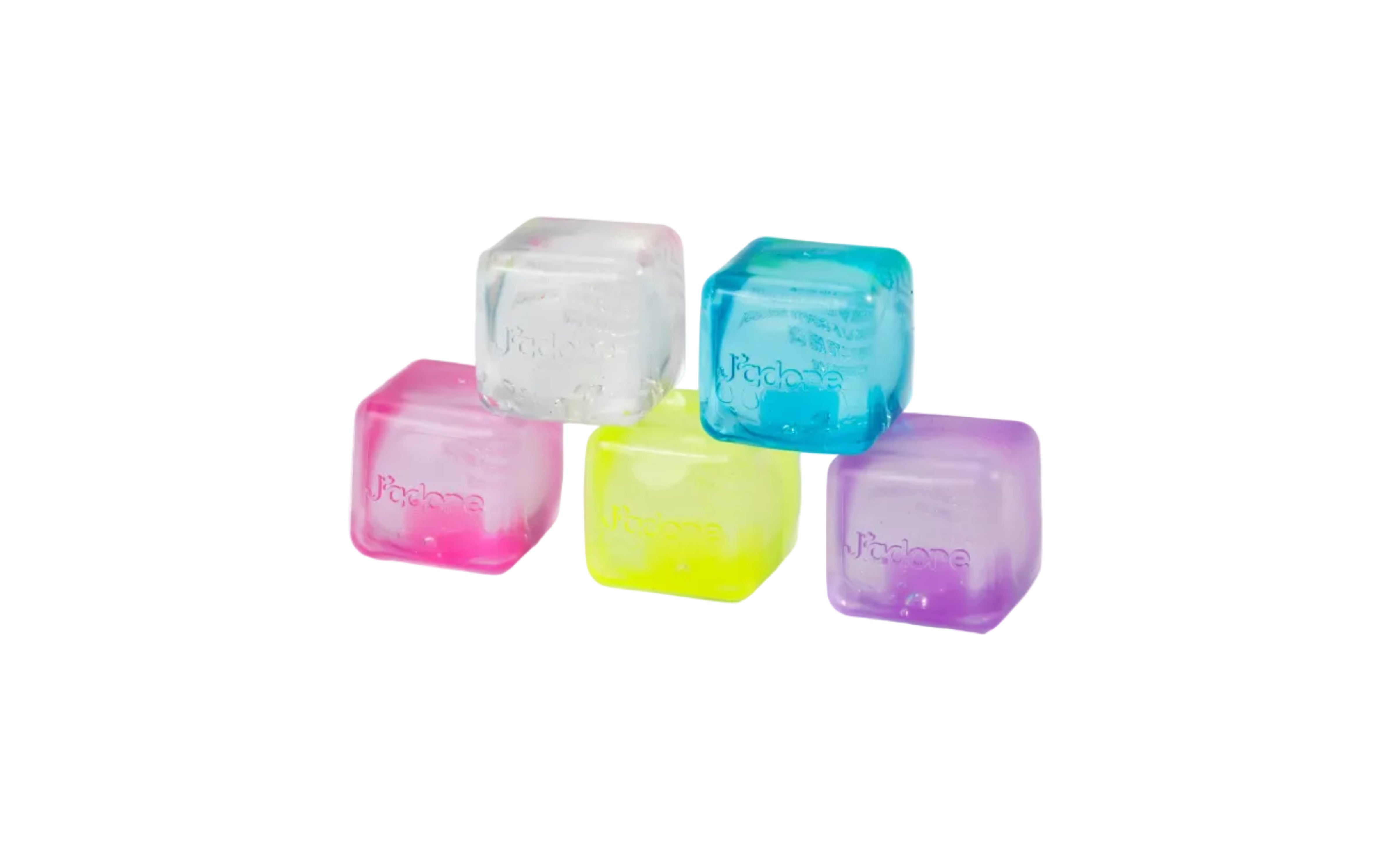 Five translucent gel cubes in pink, clear, blue, yellow, and purple, each embossed with the brand name 'Jado's', arranged on a white background.