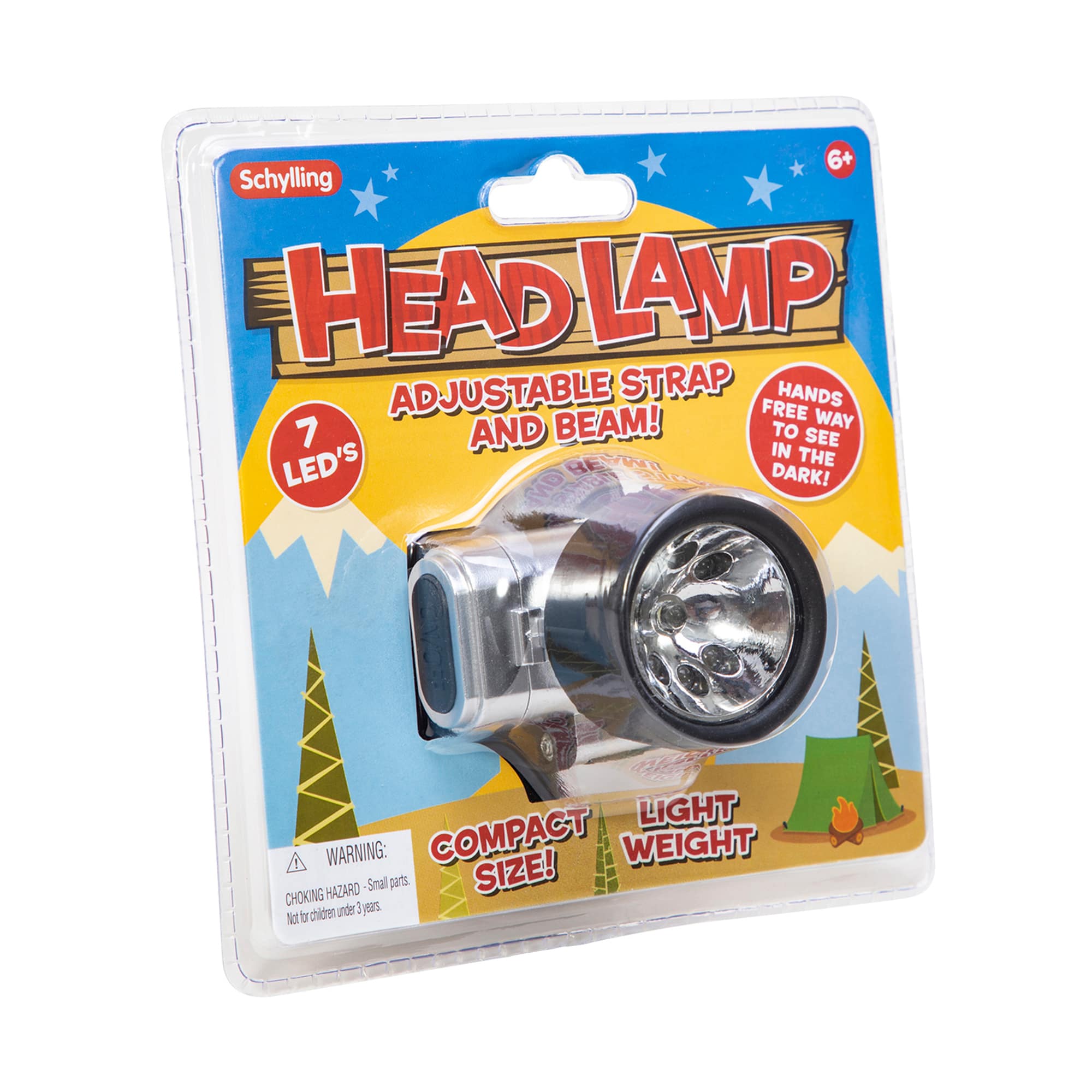 Kids outdoor LED head lamp by Schylling, featuring adjustable straps and bright LED light for outdoor activities.