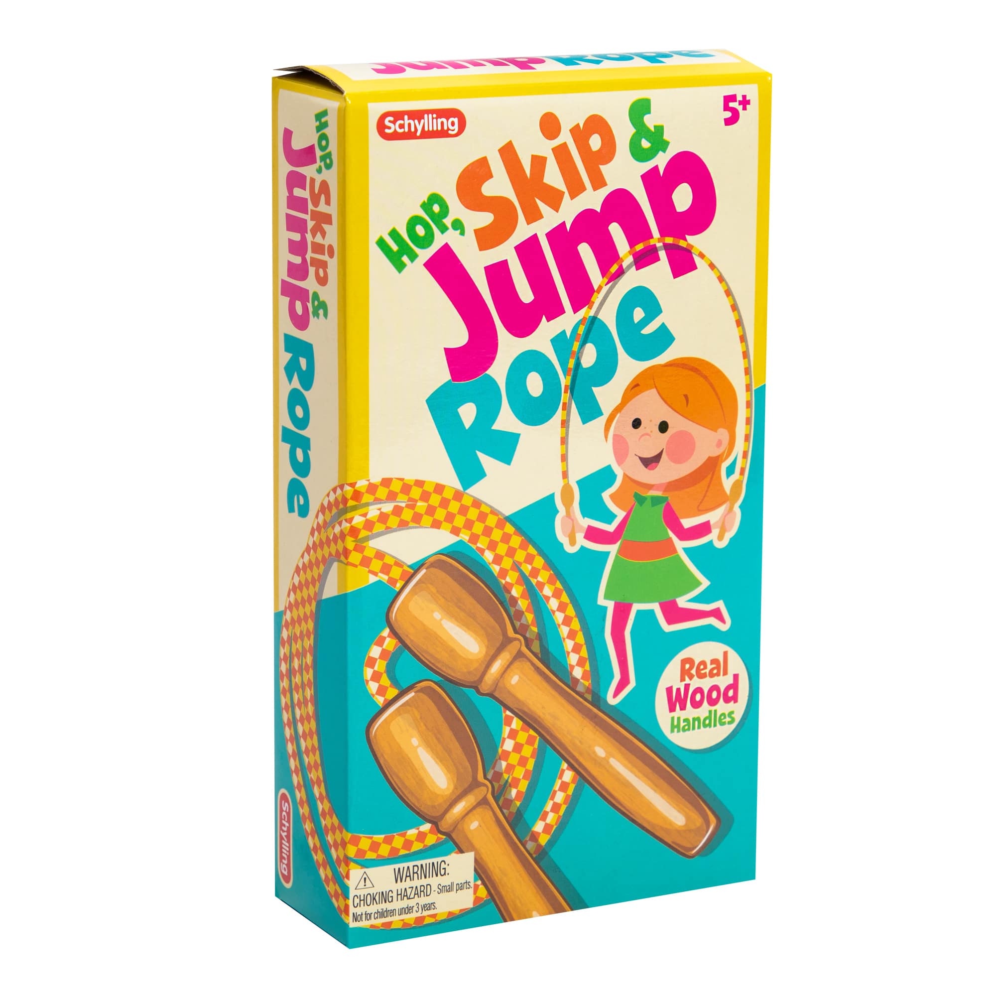 Schylling Retro Jump Rope for outdoor play, featuring a colorful design with a girl jumping rope in a sunny outdoor setting.