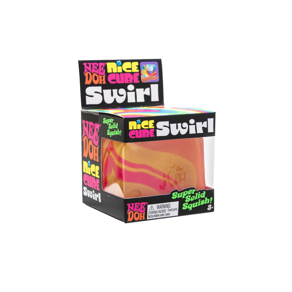 NeeDoh Swirl Nice Cube sensory toy with colorful, swirled design, flexible and soft for stress relief and tactile play.