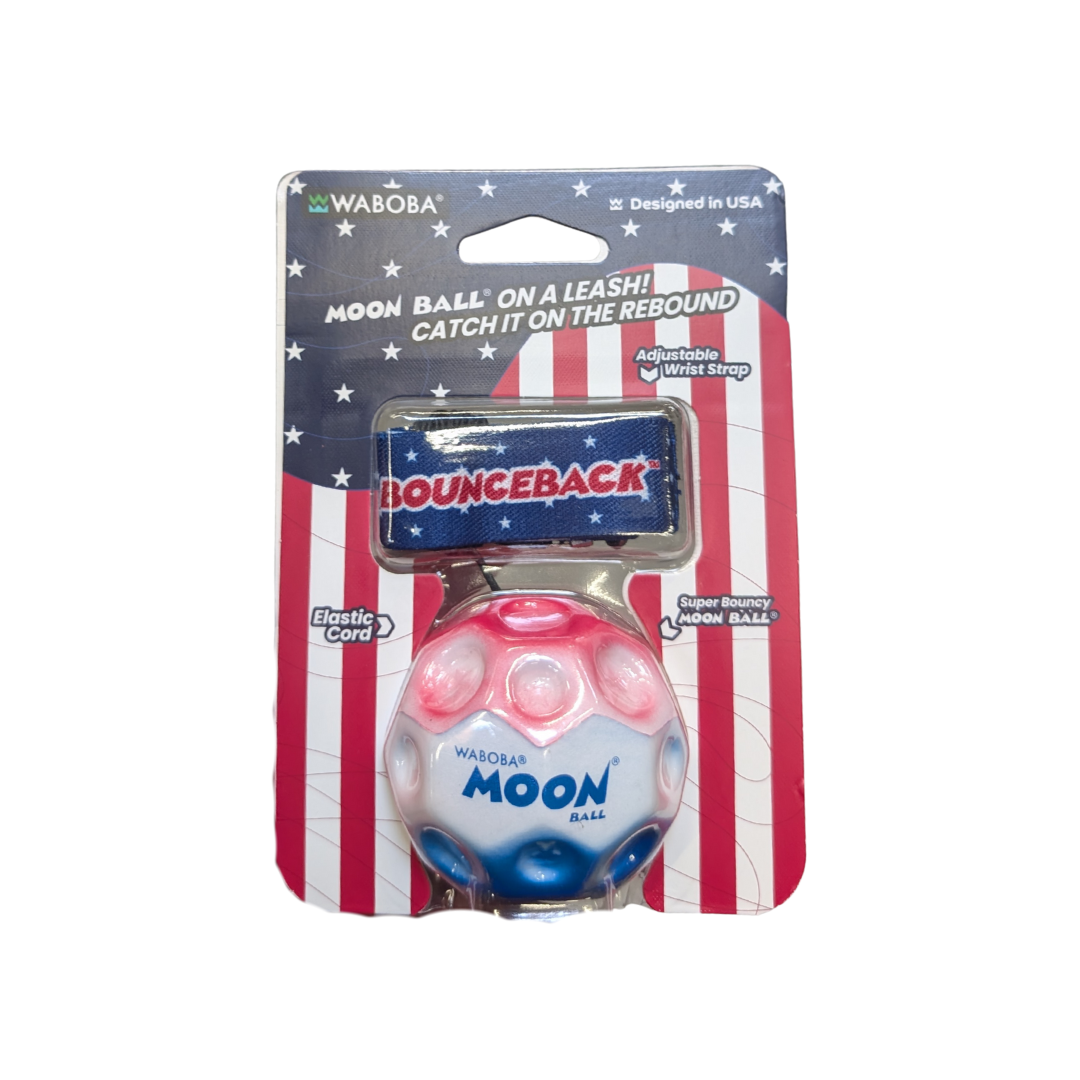 Waboba Stars & Stripes Bounceback Moon Ball for outdoor play, featuring a colorful stars and stripes pattern on a round rubber ball.