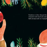 Illustration of a hand holding a red ornament with Christmas decorations and text on a black background.