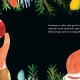 Illustration of a hand holding a red ornament with Christmas decorations and text on a black background.