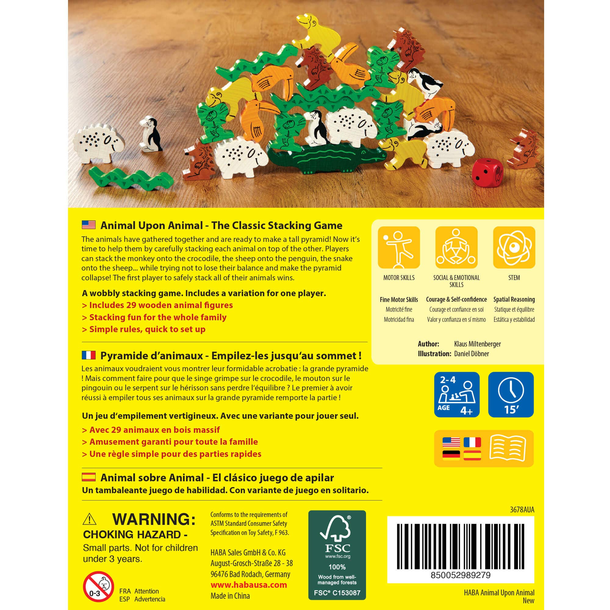 HABA Animal Upon Animal game featuring colorful wooden animal stacking pieces for kids' fun and educational play.