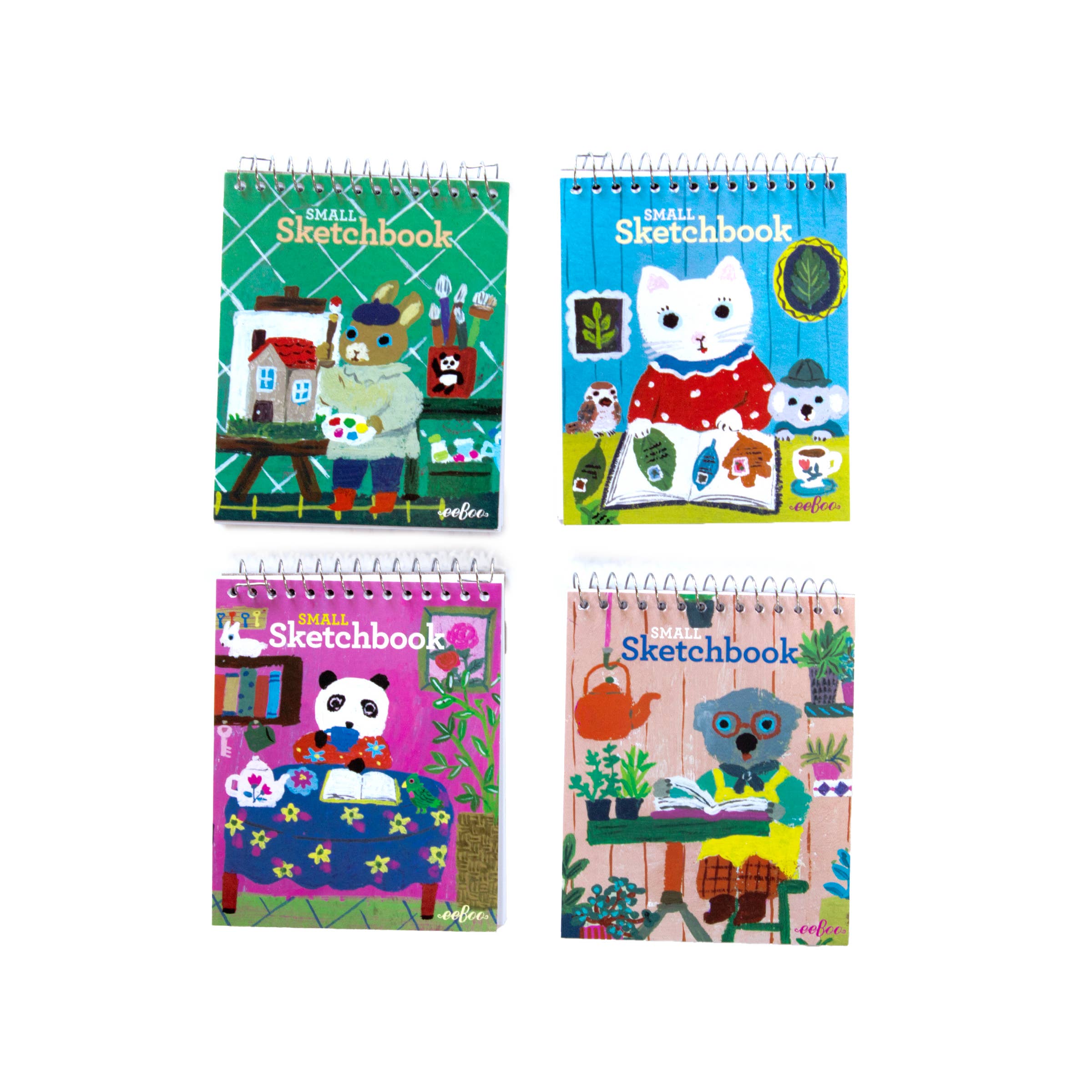 Mini spiral sketchbook by eeBoo for arts and crafts, featuring a colorful cover and blank pages for drawing and sketching.