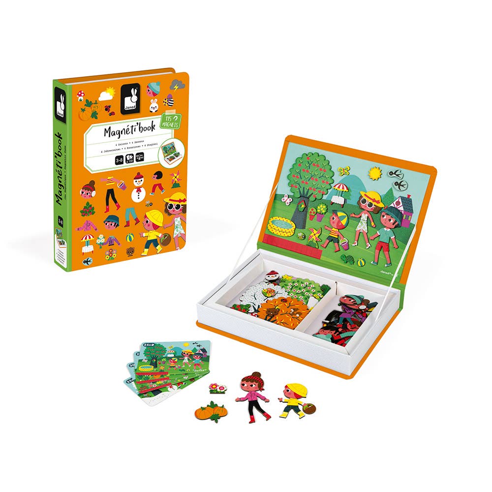 Janod Magneti'book Four Seasons pretend play magnetic story set with colorful seasonal scene illustrations.
