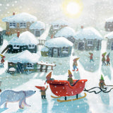Illustrated winter scene with snow-covered houses and people enjoying a snowy day.
