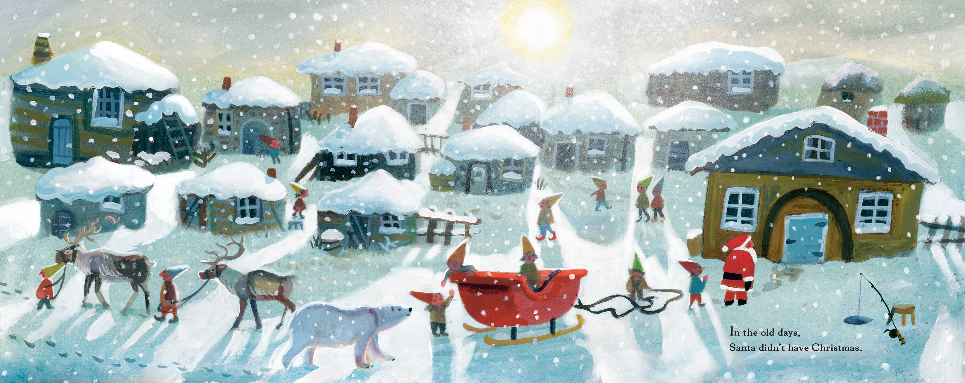 Illustrated winter scene with snow-covered houses and people enjoying a snowy day.