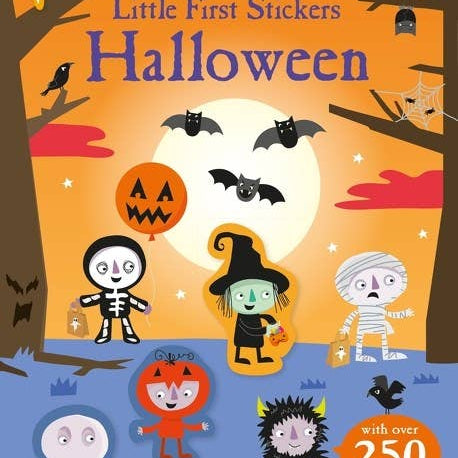 Halloween-themed sticker book cover with cartoon characters and stickers on an orange and blue background.