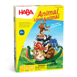 HABA USA Animal Upon Animal game with colorful wooden animals stacked in a playful arrangement.
