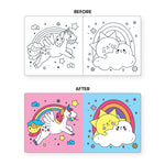 Baby playing with the Mudpuppy Unicorn Dreams Color Magic Bath Book featuring colorful unicorn illustrations and interactive pages.