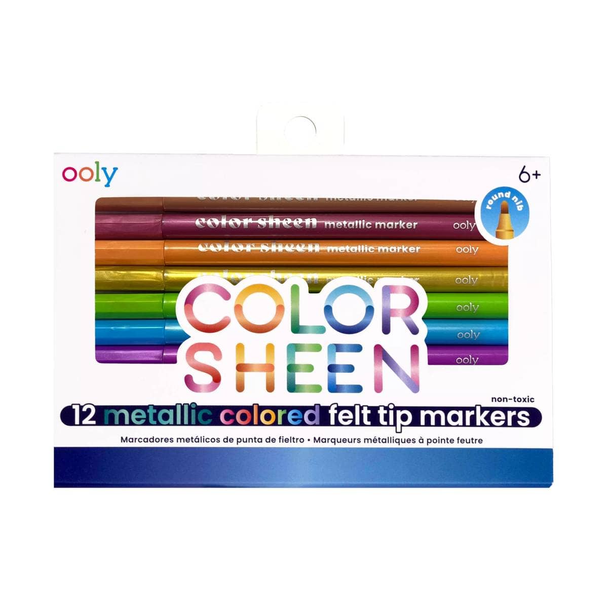 Color Sheen Metallic Felt Tip Markers by OOLY for arts and crafts, showcasing vibrant metallic colors on paper.