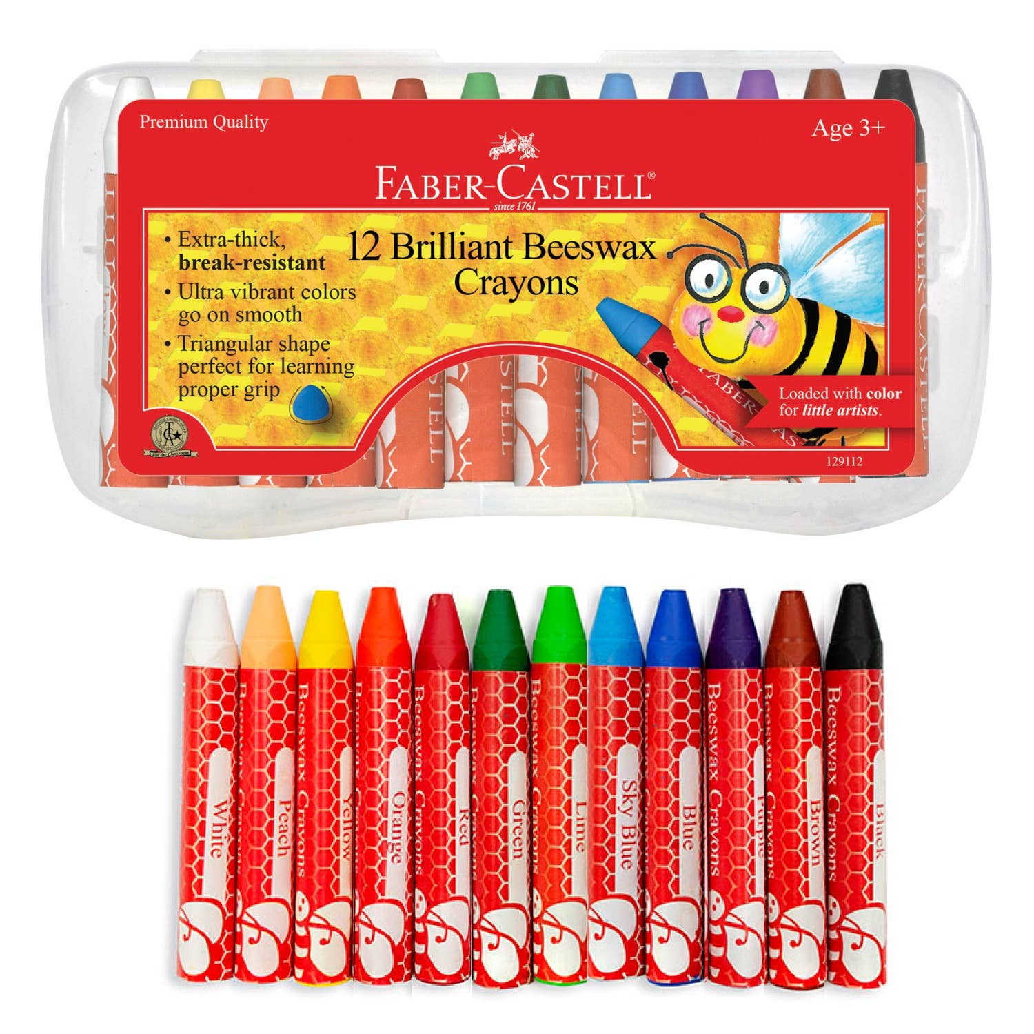 Set of 12 Faber-Castell Beeswax Crayons for arts and crafts, showing colorful crayons arranged in a row.