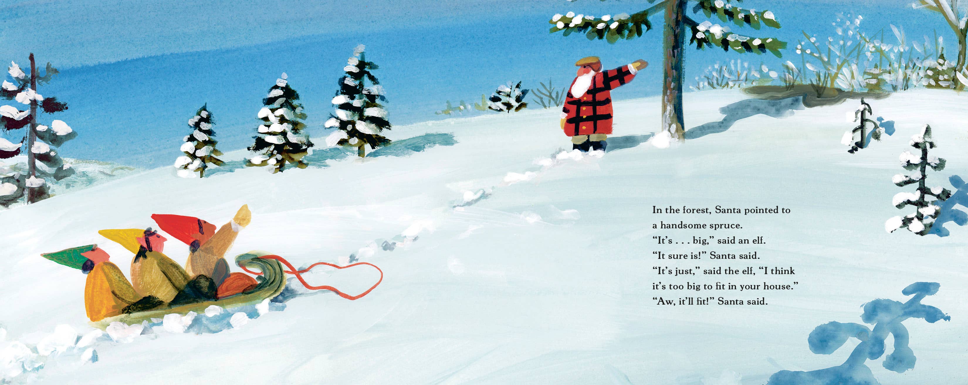 Illustration of Santa Claus with reindeer sleigh in a snowy landscape