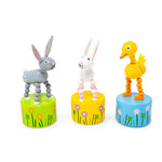 Wooden Duck and Bunny push puppets by Jack Rabbit Creations, colorful toy figures for children.